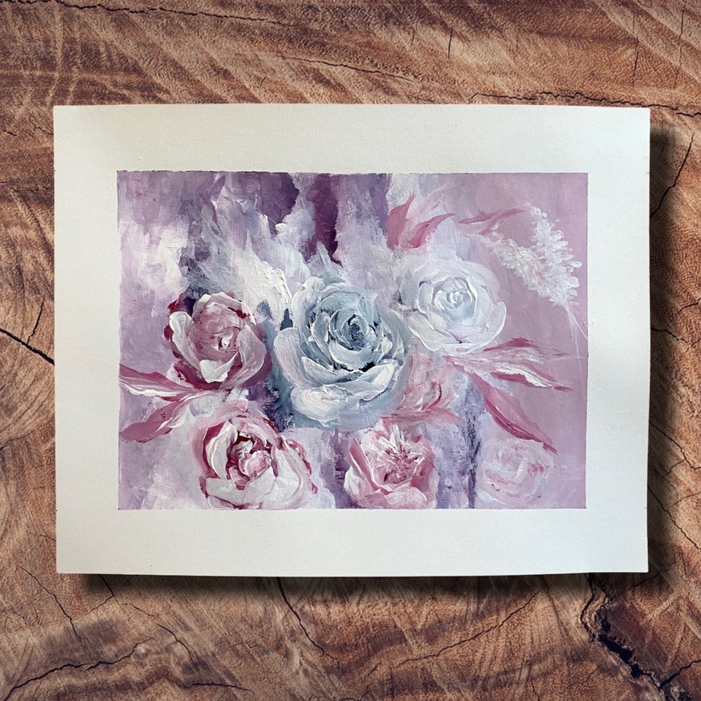 Original roses painting on paper, abstract floral